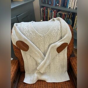 41 Hawthorn Cream V-Neck Sweater with Brown Elbow Patches